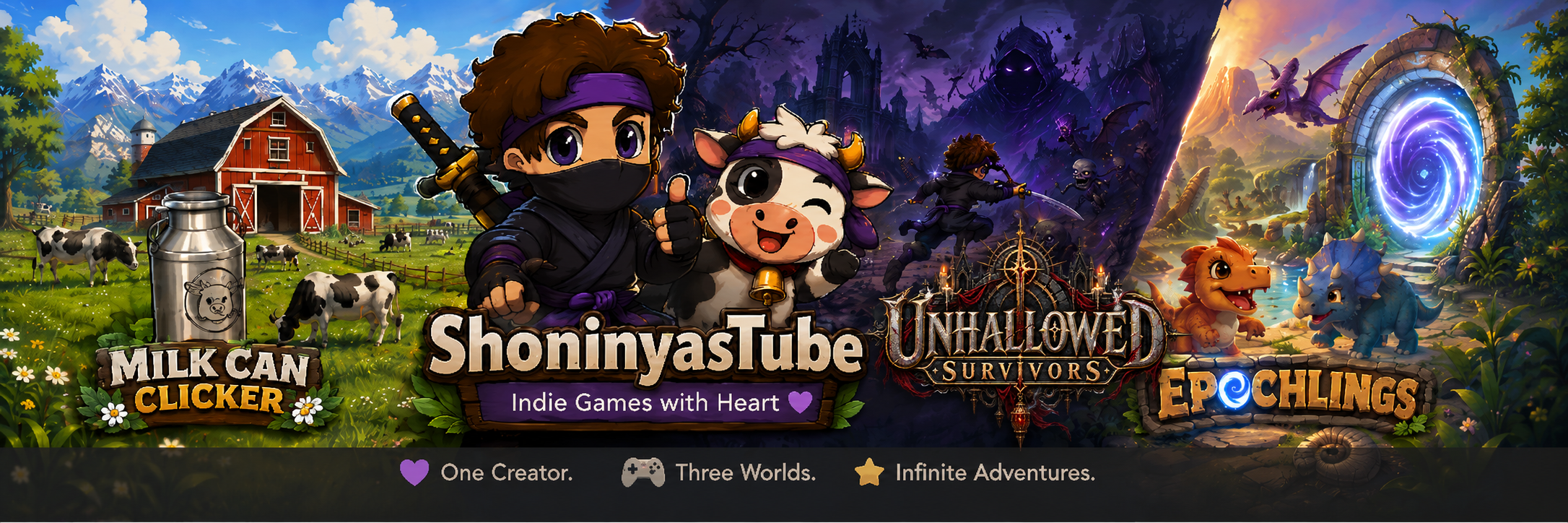 Offizielles ShoninyasTube Spiele-Cover mit Milk Can Clicker, Unhallowed Survivors und Epochlings. Drei Indie-Games aus unterschiedlichen Welten unter der Marke ShoninyasTube.